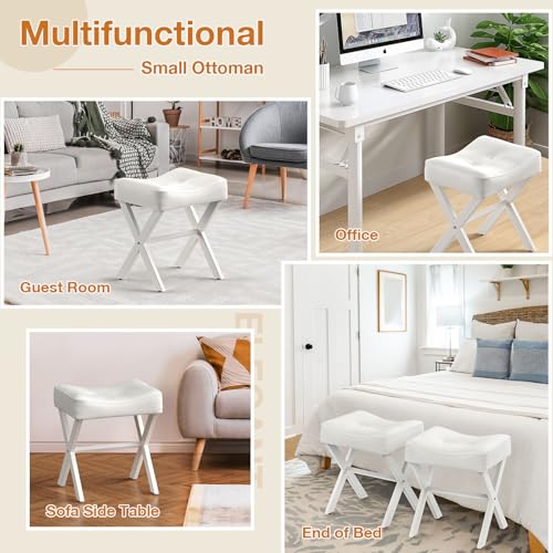 18-Inch Leather Vanity Stool Chair, White Makeup Stool | Vanity Bench, Metal X-Leg, Ottoman Accent Stool, Thick Padded Saddle Seat, 300 LBS, 16.3"x12.4"x18", For Living Room, Bedroom - size: Small, style: White Leather