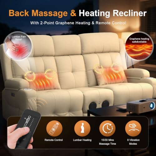 Home Theater Seating, Power Loveseat Recliner Sofa with Massage & Heat | Wall Hugger Reclining Loveseat with USB, RV Couch with LED Lights, Flip Backrest, Cup Holders for Movie Theater, Gaming Room - color: Pebbled Beige White, size: 72" - 2 Seats