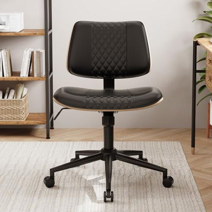 Modern Armless Office Chair with Wheels, Wide Seat Walnut, Black | Adjustable Swivel Desk Chair with Mid Back & Tilt Function, Faux PU Leather Mid Century Modern Task Office Chair, 300LBS Cap - color: Black, size: MCM Style Wide Seat