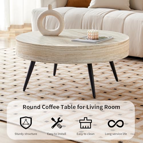 Round Coffee Table, Mid Century Small Coffee Table with Metal Legs, Wood Coffee Table Accent Center Table for Living Room Apartment Small Space (31.5''D-Stone Travertine Pattern) - color: Stone Travertine