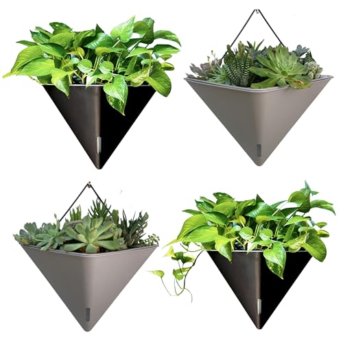 LaLaGreen Wall Planters - 4 Pack, 12 Inch Large Self Watering Black and Gray Mixed Color Geometric Indoor Vertical Garden Plant Wall Hanging Flower Vase Vessel with Black Metal Hanger Modern Stylish - color: Black X 2 Pack & Gray X 2 Pack