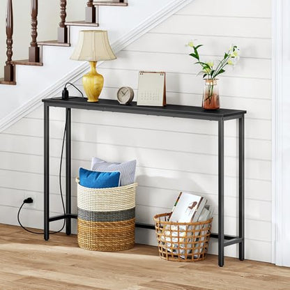 HOOBRO Narrow Console Table with Power Outlets, 44.9 Inches Sofa Table, Slim Behind Couch Table, Entryway Table with Display Shelf, for Living Room, Foyer, Hallway, Black BB114UXG01 - color: Black