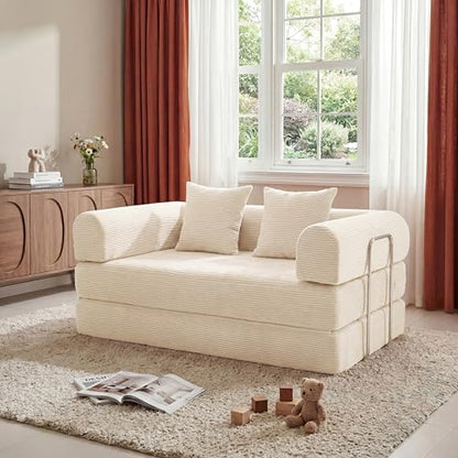53.15" Boneless Couch,4-in-1 Futon Sofa Bed Modular Loveseat Sleeper Folding Compressed Couch with Pillows,No Assembly Required Convertible Sofa Bed for Living Room Bedroom Guest Room,Beige - color: Beige, size: 53.15" Loveseat Sofa