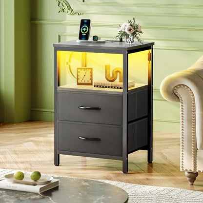 Huuger Night Stand with Charger Station and LED Lights, 2 Drawer Nightstand | Bed Side Table with Open ShelfEnd TableFabric Dresser for Bedroom, Grey and Black - color: Grey and Black, size: 11.8"D x 15.7"W x 23.6"H（2 Drawers）