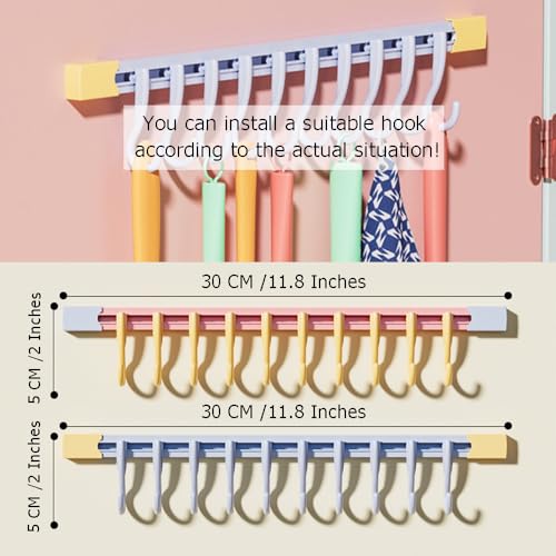 OULIGET Utility Slide Rail Hook,Under Cabinet Kitchen No Punching Hooks for Hanging Utensil,Bathroom Bedroom Office Wall Door Rack with 10 Hooks,2Pieces - color: Blue Pink