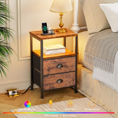 Night Stand Set 2 with Charging Station, LED Light, 2 Drawers, Rustic Brown | Night Stand Set 2 with USB & Outlets, Side Table with Storage, Industrial End Table, for Living Room/Bedroom, Dorm - color: Rustic Brown