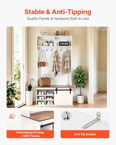 VEVOR Hall Tree with Bench and Shoe Storage, 42" Wide, Entryway Hall Tree with Bench, Hanging Hooks, Storage Shelves, Adjustable Shoe Shelves, Wooden Furniture for Mudroom, Entryway, Hallway, White - size: 41.7 x 15.7 x 78.7 in