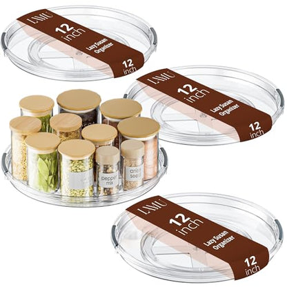 LAMU 12 in Lazy Susan Turntable, 4 Pack Clear Spice Rack, Organizer Storage | 360° Rotating, Kitchen Storage Tray for Cabinet & Table Top, Pantry, Fridge, Bathroom, Medicine & Countertop - size: 12 Inch-4 Pack