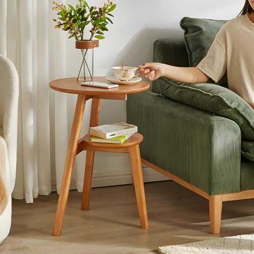 Side Table, 2-Tier Round End Tables Living Room, Mid Century Modern Side Table, Round Nightstand, Oak Accent Table, Small Round Coffee Table, 16.54" Dia.x 23.62" H(Natural) - color: Natural
