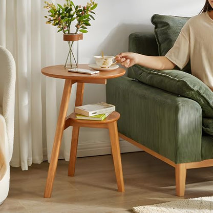 Side Table, 2-Tier Round End Tables Living Room, Mid Century Modern Side Table, Round Nightstand, Oak Accent Table, Small Round Coffee Table, 16.54" Dia.x 23.62" H(Natural) - color: Natural
