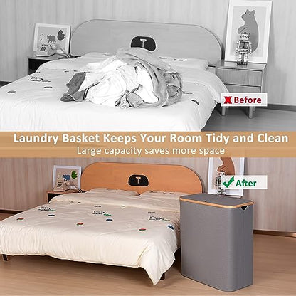 IEGrow Laundry Hamper with Lid,150L Laundry Basket with 2 Mesh Bags,Grey | Dirty Clothes Hamper Basket with Bamboo Handle for Clothes Towels - color: Grey, size: 150L