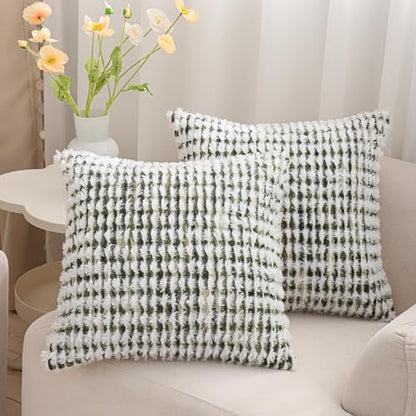 LUOYEHK Boho Throw Pillow Covers 18x18 Inch Set of 2 Farmhouse Neutral Pillow Covers Chenille Tufted Pillowcase for Couch Sofa Bed Living Room, Green White - color: Green White, size: 18" x 18" (Pack of 2)