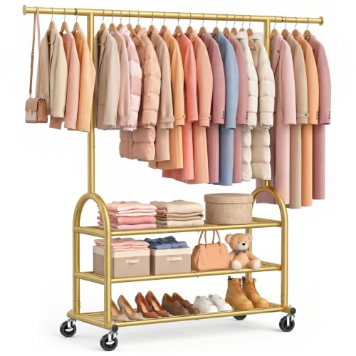 Heavy Duty Clothes Rack for Hanging Clothes Load 688 LBS, Height Adjustable Rolling Clothing Racks, Portable Metal Coat Rack Garment Wardrobe with Wheels and 3 Shelves for Bedroom, Gold - color: Gold, style: 3 Shelves