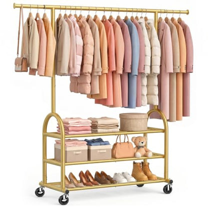 Heavy Duty Clothes Rack for Hanging Clothes Load 688 LBS, Height Adjustable Rolling Clothing Racks, Portable Metal Coat Rack Garment Wardrobe with Wheels and 3 Shelves for Bedroom, Gold - color: Gold, style: 3 Shelves