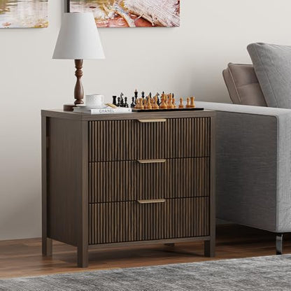 Fluted Nightstand, 23.7'' Wide Night Stand with 3 Drawers, Mid-Century Modern Bedside Table with Handles, Wood End Table for Bedroom, Brown - color: Brown