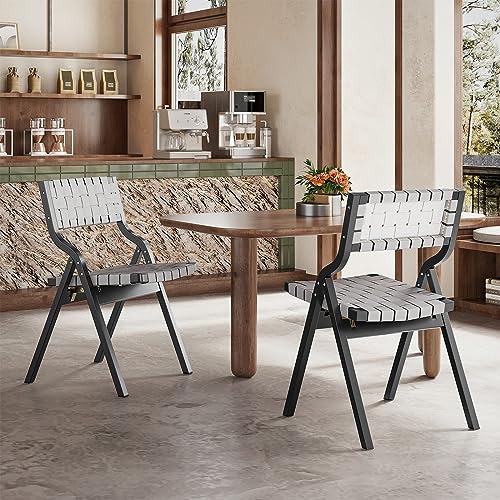 Wood Folding Chairs, Foldable Chairs Wooden Indoor Stackable Dining Chairs for Kitchen & Dining Room Chair Woven Seat & Webbing Back, Dining Chair Set of 2 - color: Light Gray/Black, Pu Leather