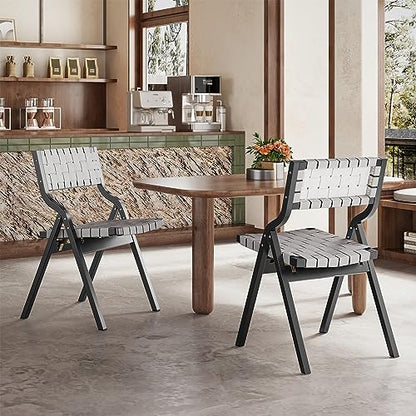 Wood Folding Chairs, Foldable Chairs Wooden Indoor Stackable Dining Chairs for Kitchen & Dining Room Chair Woven Seat & Webbing Back, Dining Chair Set of 2 - color: Light Gray/Black, Pu Leather