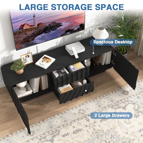 58'' TV Stand for 65 Inch TV, Modern Spiral Wave Media Console with Storage Cabinet and 2 Drawers, Low Profile Entertainment Center for Living Room Bedroom (Black)