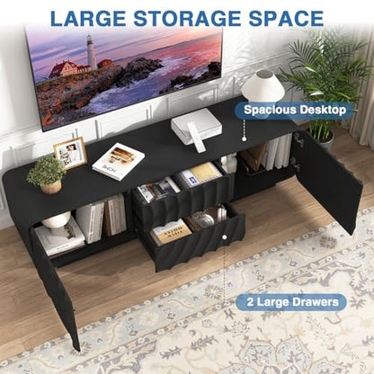 58'' TV Stand for 65 Inch TV, Modern Spiral Wave Media Console with Storage Cabinet and 2 Drawers, Low Profile Entertainment Center for Living Room Bedroom (Black)