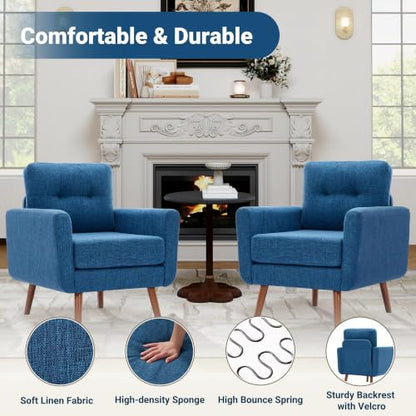 Tbfit Linen Fabric Single Sofa, Accent Chair, Mid Century Modern Armchair for Living Room, Bedroom Button Tufted Upholstered Comfy Reading Sofas, Blue - color: Blue, size: Single*2