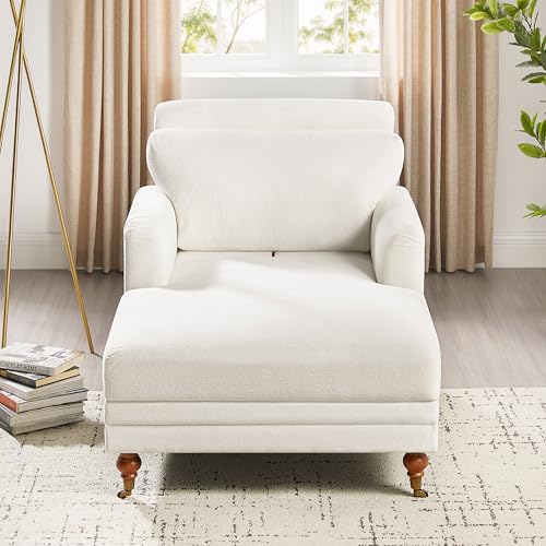 57.48'' Chaise Lounge Chair with Adjustable Backrest, Terry White | Chaise Lounge Chair Indoor, Modern Chaise Lounge Couch, Upholstered Leisure Recliner for Living Room, Apartment, Bedroom - color: White Terry