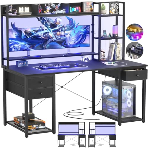 Aheaplus Desk with LED and Outlets, Gaming Desk with Hutch, 55.2'' Computer Desk with Drawers, Reversible Office Desk with Storage Bookshelf Large Workstation Desk with Shelf, Desk for Home, Black - color: Black, size: 55.2''
