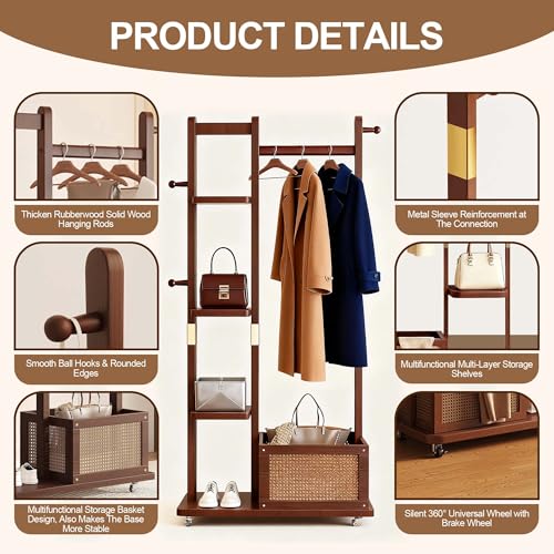 Solid Wood Clothes Rack with Wheels, Rolling Clothing Rack with 4 Shelves & 4 Hooks, Oak Coat Rack Freestanding Heavy Duty with Storage Basket, Coat Hanger Stand for Garment Bags Wallets Hats Shoes - color: Walnut
