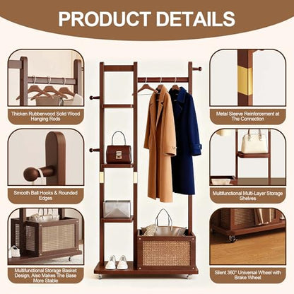 Solid Wood Clothes Rack with Wheels, Rolling Clothing Rack with 4 Shelves & 4 Hooks, Oak Coat Rack Freestanding Heavy Duty with Storage Basket, Coat Hanger Stand for Garment Bags Wallets Hats Shoes - color: Walnut