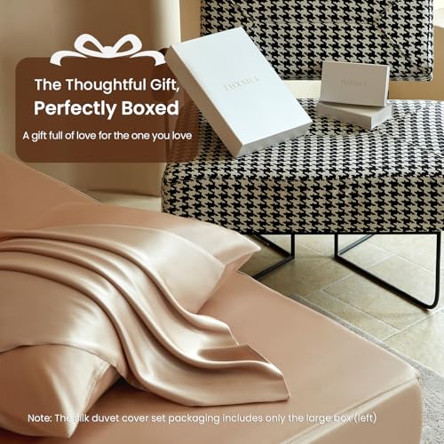 THXSILK Luxury Queen Silk Duvet Cover Set 3 Pieces, Extra Soft, Breathable & Cooling Bedding Set, Machine Washable & Durable, 1 Duvet Cover & 2 Pillowcases with Zipper Closure(Champagne) - color: Champagne, size: Queen (3 pcs)