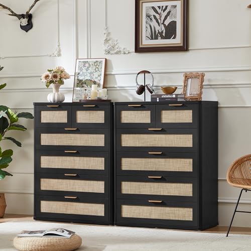 LEYAOYAO Rattan Dresser for Bedroom, 41" Tall Chest of Drawers | Gold Metal Handle, Black Modern 6 Drawers Boho Dressers with Storage for Living Room, Hallway - color: Boho Black, size: 15.5"D x 31.5"W x 41"H (6 Drawers)
