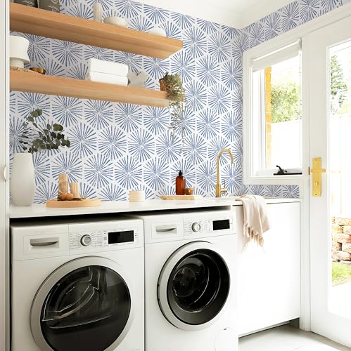 Safiyya Wallpaper Peel and Stick Blue and White Contact Paper 118"x17.3" Modern Boho Geometric Wall Paper Waterproof Self Adhesive Removable Vinyl Wallpaper for Bathroom Bedroom - color: Blue, size: 17.3" x 118"