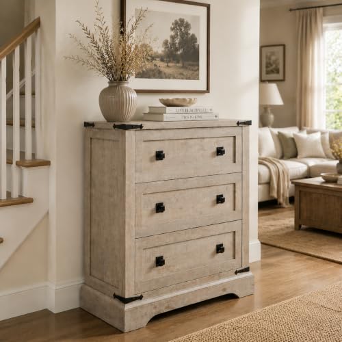 T4TREAM 32" Farmhouse 3 Drawer Dressers, Large End Table w/Charging Station | Rustic Wood Bedside Table for Bedroom, Living Room, Hallway, Light Rustic Oak - color: Light Rustic Oak, size: 15.8"D x 32"W x 32"H (3 Drawers)