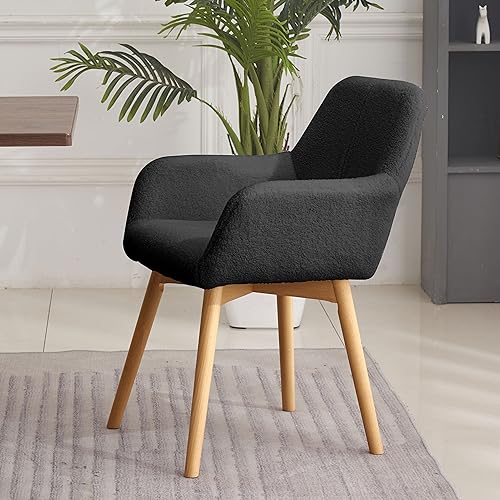 Desk Chair No Wheels Vanity Chair Comfy Accent Chair for Living Dining Room Bedroom Home Office Mid Century Modern Upholstered Armchair Sofa Chair (Wool Black, 1) - color: Wool Black