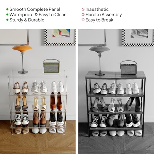 Aquiver 4-Tier Acrylic Shoe Rack - Shoe Rack Organizer - Modern Shoe Storage Shelf, Holds 12-16 Pairs of Shoes for Entryway, Closet - 25.6'' L x 11.8'' W x 28.3'' H, Clear, Easy Assembly & Clean - size: 25.6''L x 11.8''D x 28.3''H