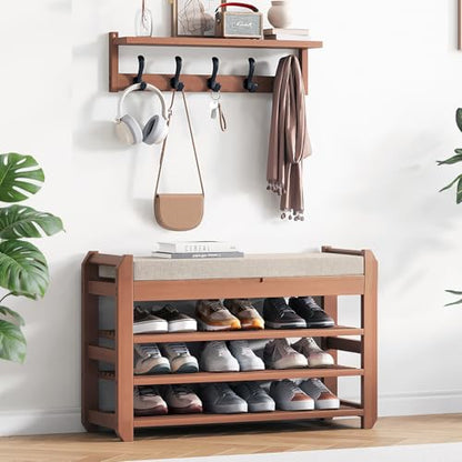 27.6" Bamboo Shoe Bench with Cushion, 5 Hooks Coat Rack, 3-Tier Adjustable Storage Bench for Entryway, Heavy Duty Shoe Rack Organizer with Removable Soft Cushion for Living Room Bedroom Hallway - size: 27.6" 3-Tier