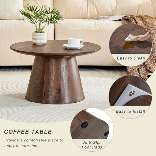 Walnut Coffee Table, 23.6" Small Coffee Table, Natural Wood Grain Round Tabletop with Wooden Cone Base, Round Living Room Table with Adjustable Feet, Mid Century Center Table for Apartment,Small Space - color: 23.6" Walnut Coffee Table