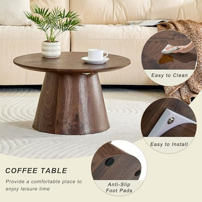 Walnut Coffee Table, 23.6" Small Coffee Table, Natural Wood Grain Round Tabletop with Wooden Cone Base, Round Living Room Table with Adjustable Feet, Mid Century Center Table for Apartment,Small Space - color: 23.6" Walnut Coffee Table
