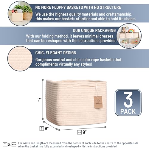 NaturalCozy Storage Cubes 9”x9”x7”Cotton Rope Woven Baskets for Organizing 3-Pack | 9 Inch Cube Storage Bin | Small Basket for Shelf Nursery, Pantry, Decorative Plant, Bathroom Closet, Toy Gift - color: Beige
