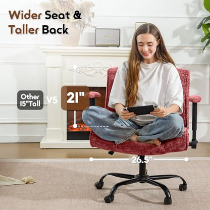 Criss Cross Chair with Wheels & Flip Arms, Wide Cross Legged Office Chair with Adjustable Tilt Criss-Cross Desk Chair with Lumbar Support for Home Office, Bedroom, Apartment Red - color: Red