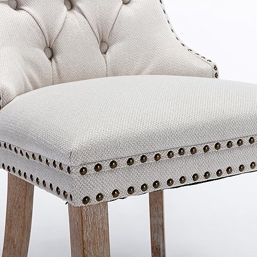 Beige-White Dining Chairs Set of 2, Tufted Kitchen & Dining Room Chairs | Two Fabric Tufted Dinning Chairs, Linen Upholstered, Wing Back, Metal Pull Ring, Wood Frame, Mid Century Modern - color: A-2 Beige Linen, Wood Legs, size: 2
