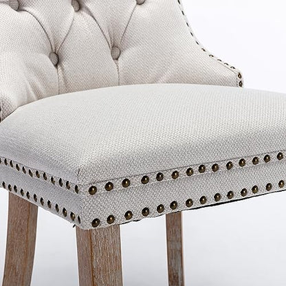 Beige-White Dining Chairs Set of 2, Tufted Kitchen & Dining Room Chairs | Two Fabric Tufted Dinning Chairs, Linen Upholstered, Wing Back, Metal Pull Ring, Wood Frame, Mid Century Modern - color: A-2 Beige Linen, Wood Legs, size: 2