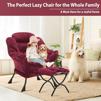 Youtanic Lazy Chair with Folding Ottoman, Accent Chair Plush Upholstered with Metal Structure and Non-Slip Pads, Sofa Armchair with Footrest and Side Storage Bag for Dorm, Room, Office, Rose Red - color: Plush Rose Red