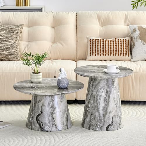 Faux Marble Coffee Table Set of 2, Modern Nesting Tables with Gray and Brown Marble Texture & Sturdy Cone Base, Round Layered Low Profile Accent Tables Ideal for Living Room, APT, Small Space - color: Gray Nesting Coffee Table