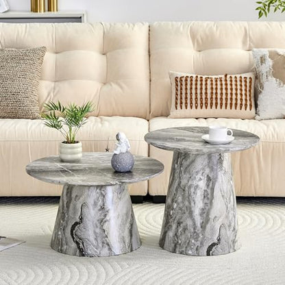 Faux Marble Coffee Table Set of 2, Modern Nesting Tables with Gray and Brown Marble Texture & Sturdy Cone Base, Round Layered Low Profile Accent Tables Ideal for Living Room, APT, Small Space - color: Gray Nesting Coffee Table