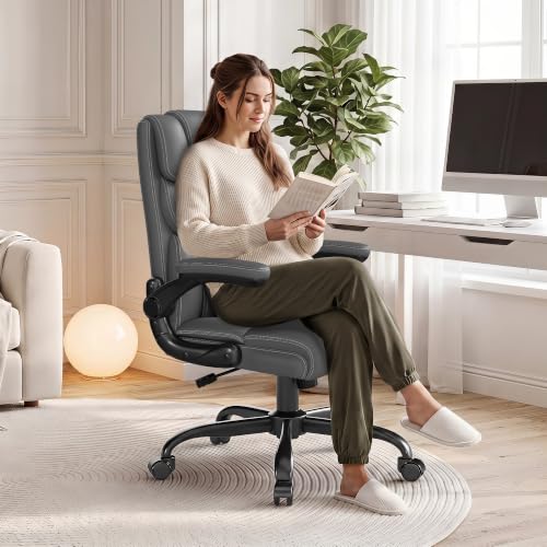 Office Chair, Executive Mid-Back Computer Desk Chair with Flip-up Armrests | 300 Lbs Ergonomic Leather Swivel PC Chair with Rock Function for Working Studying (Gray) - color: Grey