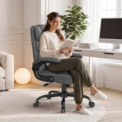 Office Chair, Executive Mid-Back Computer Desk Chair with Flip-up Armrests | 300 Lbs Ergonomic Leather Swivel PC Chair with Rock Function for Working Studying (Gray) - color: Grey