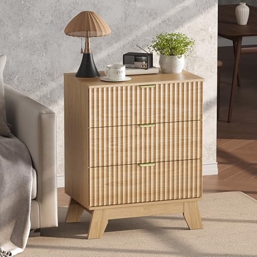 Natural Oak Night Stand with 3 Drawers, Bedside Table & End Table, 24" Wide Mid Century Modern Fluted Wood Nightstand with Metal Handles, Farmhouse Night Stands for Bedroom - color: Natural Oak, style: 3 Drawers