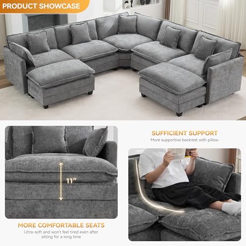 113'' V Shaped Cloud Sectional Sofa, Oversized Deep Seat Couches for Living Room, Chenille Comfy Upholstered Modular Sectional Sofa Couch with 2 Movable Ottoman, Grey - color: Grey, size: 113'' V Shaped+2 Ottoman