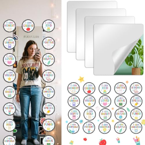 Yerliker 4 Pcs 8" Classroom Mirrors, 20 Pcs Positive Affirmation Cutouts | Self Adhesive Acrylic Affirmation Mirrors for Wall, Classroom Affirmation Station, Motivational Bulletin Board Poster Decor