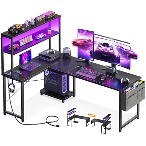 AODK L Shaped Desk Gaming Desk with LED Light & Power Outlet | 61 Inch Black Reversible L Shaped Computer Table with Shelf & Storage Bag & Hook for Home Office - color: Black, size: 61 Inch